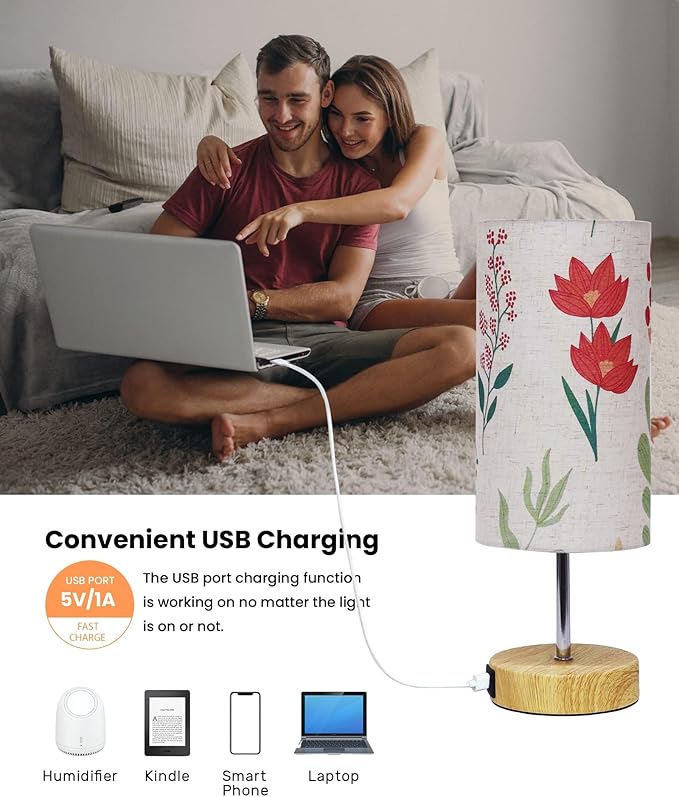 Touch Control Desk Lamp with 2 USB Ports, 3-Way Dimmable Bedside Lamp for Bedroom, Nightstand Lamp with Round Flower Fabric Shade for Living Room, Home Office (White-double)