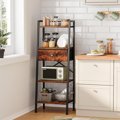 Furologee 4 Tier Ladder Shelf, Narrow Ladder Book Shelf with Drawer, Modern Bookcase Freestanding Shelf Units, Storage Shelves Organizer for Bedroom, Living Room, Bathroom, Home Office, Rustic Brown