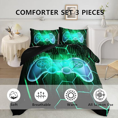 Axolotl Gamepad Comforter Set Twin Size,Number Video Gaming Gamer Bedding Set,Boys Game Console Comforter Set,Geometry Hexagonal Bedding Set for Teens Men Adults,1 Quilt 2 Pillowcases,Green Black