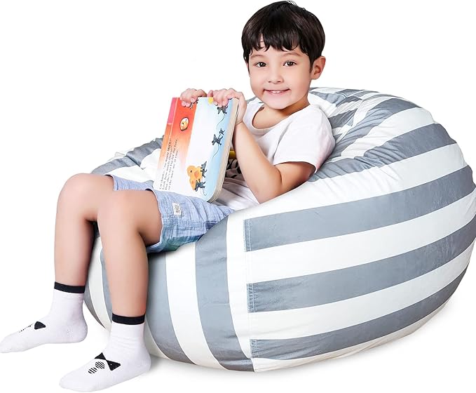 Lukeight Stuffed Animal Storage Bean Bag Chair Cover for Kids, Zipper Beanbag Chair Cover for Organizing Toddler & Kids' Rooms Plush Toys (Gray+white Velvet, Large)