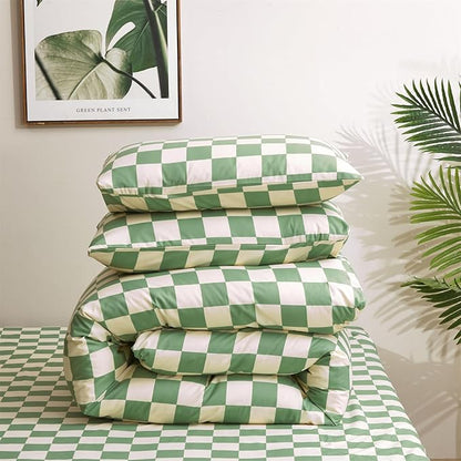 Green White Grid Comforter Set Cal King Sage Green Plaid Bedding Set Women Light Green White Checkered Bed Comforter Set Breathable Blanket Set Men Durable Bedding Comforter Set