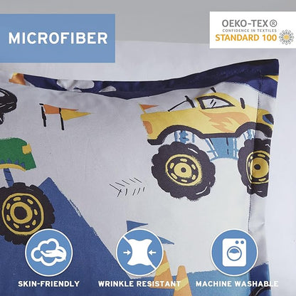 Mi Zone Kids Twin Comforter Set for Boys 3 Piece Monster Truck Comforter Set, Twin Size Bedding Set, Teen Bed Set, Microfiber Bedding Set, Matching Sham, Embroidered Truck Throw Pillow, Twin, Blue