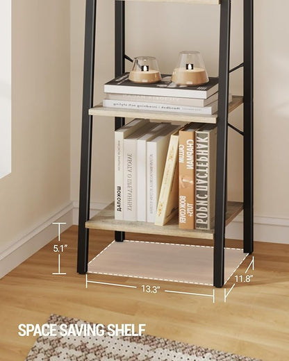 Ladder Shelf, Bookshelf Bookcase, Freestanding Corner Storage Shelve with 2 Hooks for Home Office, Living Room, Kitchen, Bedroom, Industrial, 4-Tier Greige BC13205B