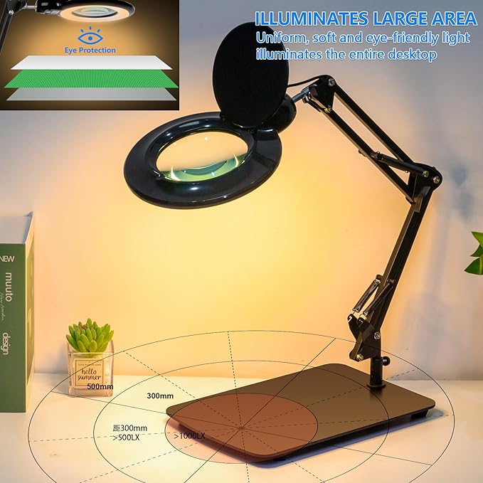 【Upgrade Head Dual Dimmer】 10X Magnifying Glass with Light and Stand, HITTI 2-in-1 LED Lighted Magnifier Large Base & Clamp, Infinite Color Stepless Dimming Magnifying Lamp for Painting Craft Reading