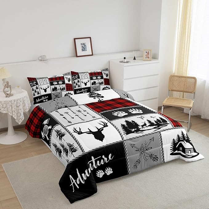 Deer Antlers Comforter Set Full Size,Bear Paws Pine Trees Xmas Bedding Set for Kids Boys Girls Adults Room Decor,Lattices Patchwork Rustic Farmhouse Down Comforter,Red Duvet Insert,2 Pillowcases