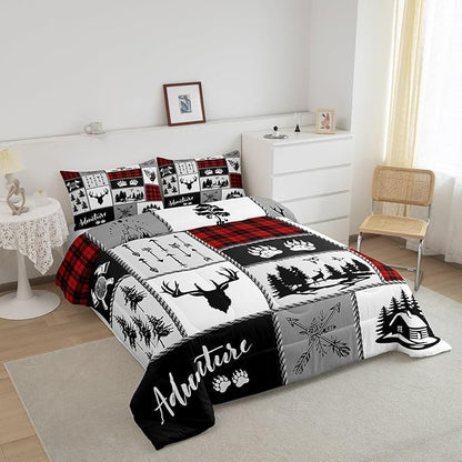 Deer Antlers Comforter Set Queen Size,Bear Paws Pine Trees Xmas Bedding Set for Kids Boys Girls Adults Room Decor,Lattices Patchwork Rustic Farmhouse Down Comforter,Red Duvet Insert,2 Pillowcases
