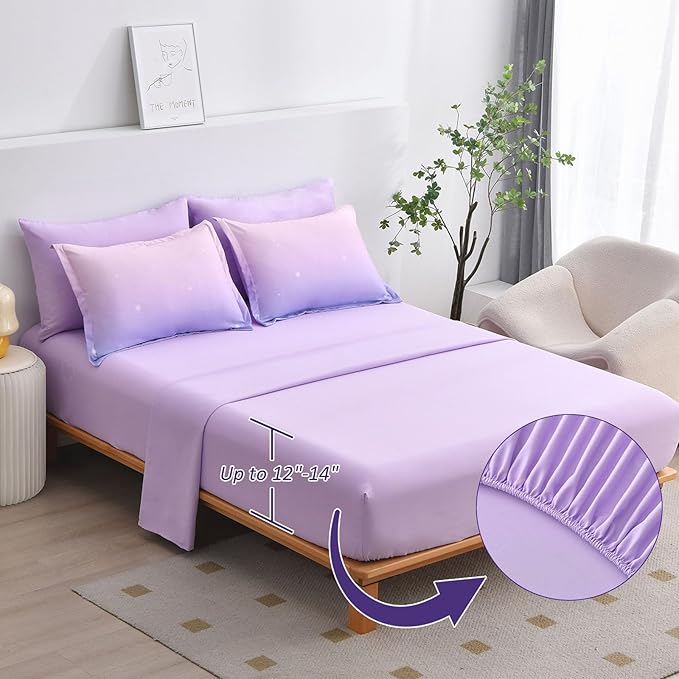 Dinjoy Girls Comforter Set Queen Size Colorful Rainbow Ombre Purple Lavender Pink Bedding Set Gradient 7 Pieces Bed in A Bag for Kids Teen Girl Women(1 Comforter, 1 Flat Sheet, 1 Fitted Sheet)