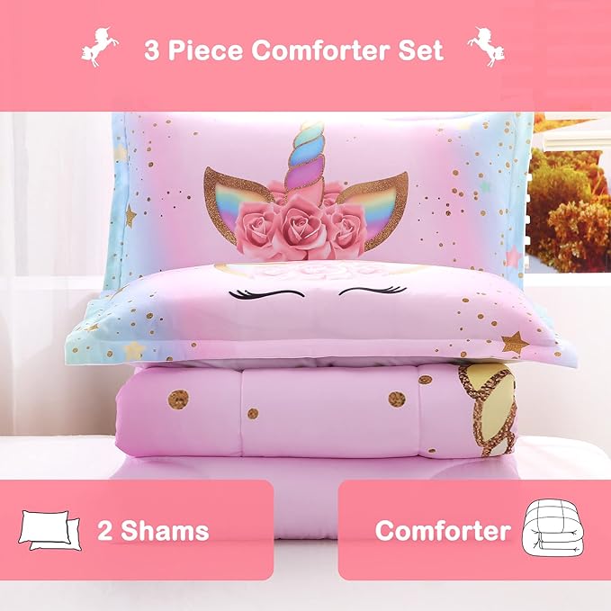 Unicorn Comforter Set Rainbow Soft Girls Unicorn Bedding with 1 Comforter 2 Pillowcases Pink Flower Unicorn Bedding Sets for Girls Twin Size