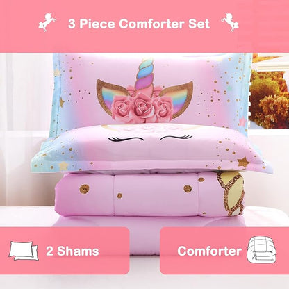 Unicorn Comforter Set Rainbow Soft Girls Unicorn Bedding with 1 Comforter 2 Pillowcases Pink Flower Unicorn Bedding Sets for Girls Twin Size