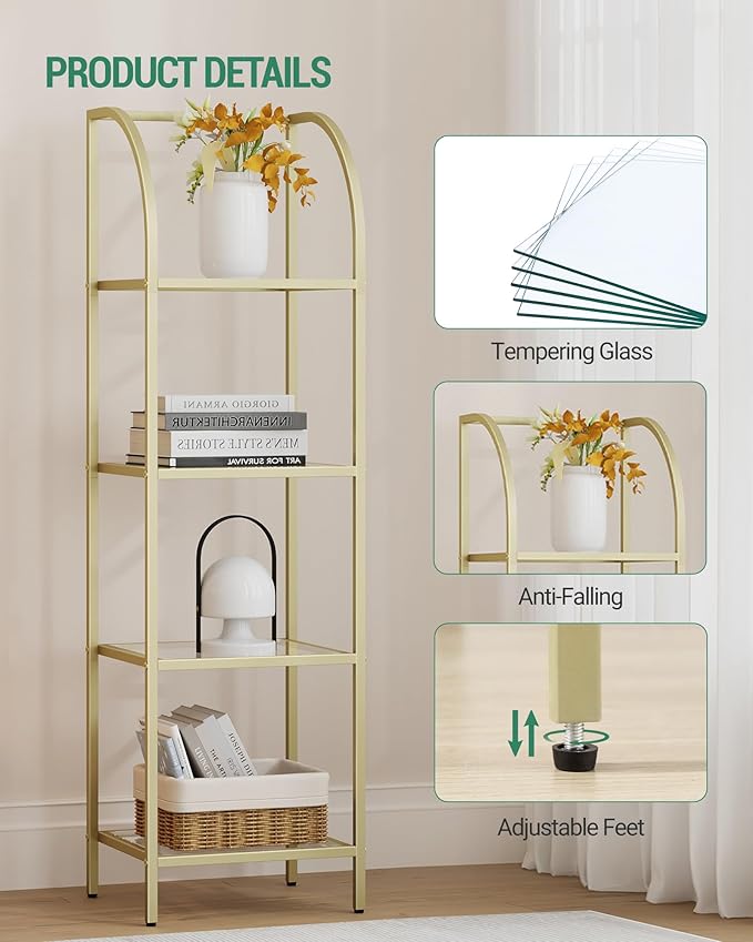 Bookcase Bookshelf, Tempered Glass Arched Bookshelf for More Storage, Slim Shelving Unit for Bedroom, Bathroom, Home Office, Steel Frame, 4 Tier Gold BC20499G