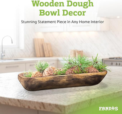 Wooden Dough Bowl for Decor - 17¾ in Long Hand Carved Paulownia, Large Rustic Decorative Bowl for Home Table Centerpiece, Keys, Entryway Table, Catchall Tray & Wooden Dining Room Centerpiece