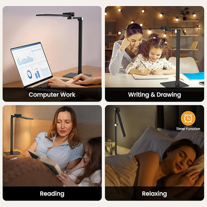 LED Desk Lamp, Newest Hand-Sweep Sensor Desk Lamps for Home Office, Double Head Architect lamp with Type-C & USB Charger, 24W Dimmable Smart Light with Timer, Black