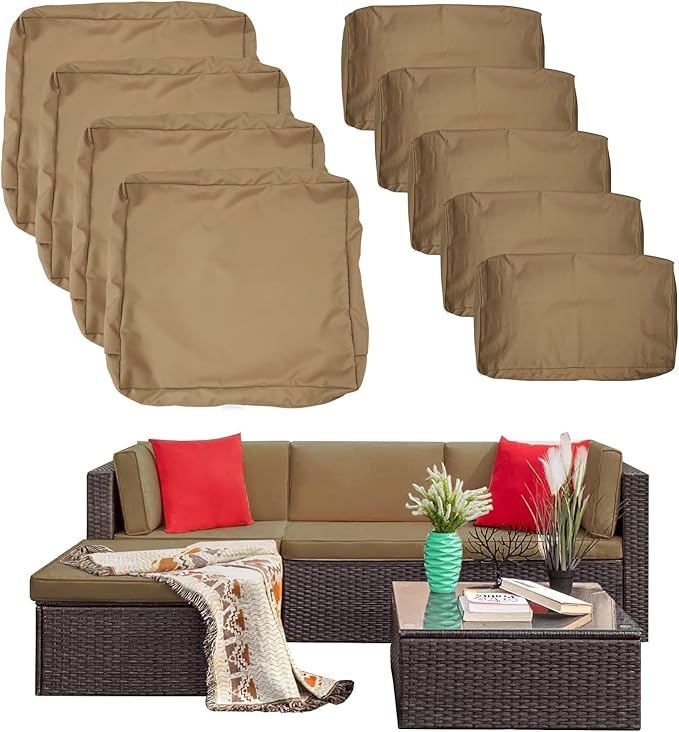 ClawsCover 9Pack Outdoor Seat and Back Cushions Replacement Covers Fit for 5 Pieces 4-Seater Wicker Rattan Patio Conversation Set Sectional Couch Furniture,Taupe-Include Covers Only(Small)