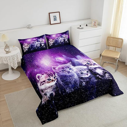 Cat Comforter Cute Pet Cats Pattern Bedding Set Outer Space Kawaii Kitten Comforter Set for Children Kids Boys Girls 3D Animal Theme Galaxy Duvet Set Room Decor Quilt Set Full Size