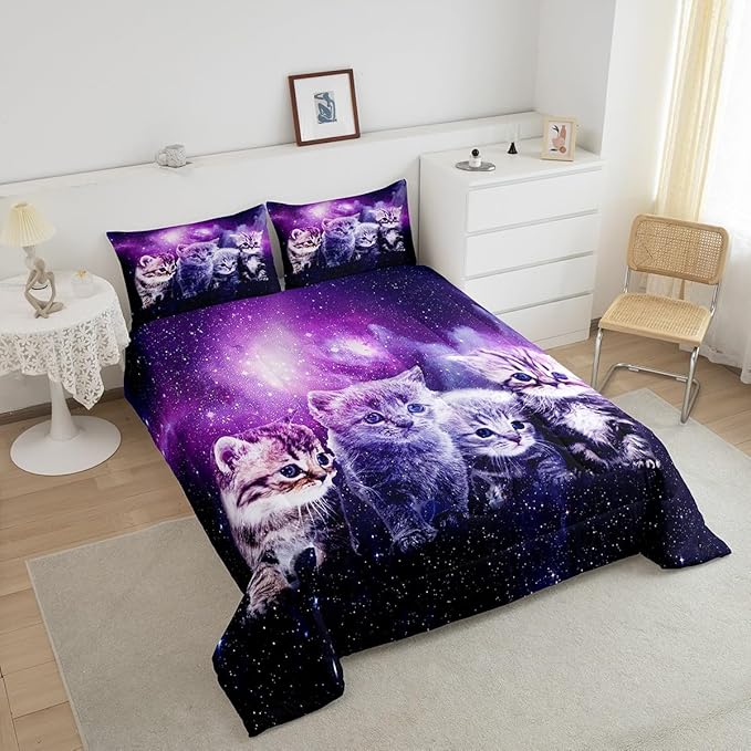 Feelyou Cat Comforter Cute Pet Cats Pattern Bedding Set Outer Space Kawaii Kitten Comforter Set for Children Kids Boys Girls 3D Animal Theme Galaxy Duvet Set Room Decor Quilt Set Twin Size