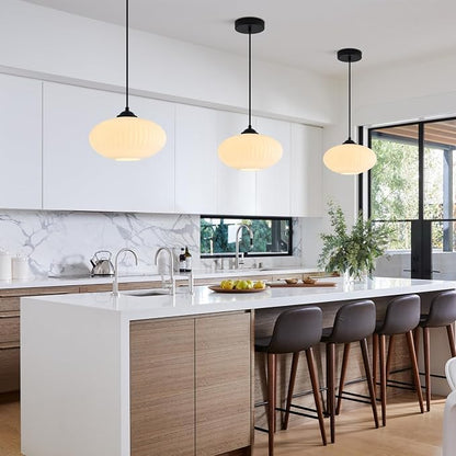 KCO Lighting Matte Black Lantern Pendant Light with 9.8” White Ribbed Glass | Adjustable Cord E26 Hardwired Mid Century Modern Farmhouse Hanging Light for Kitchen Island Dining Living Room Bar Bedroom