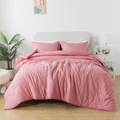Pink Comforter Set Twin Size, Solid Blush Women Girls Pink Down Alternative Boho Bedding Comforter Set, Breathable Fluffy Microfiber Comforter (68"x90") for All Seasons with Pillowcase