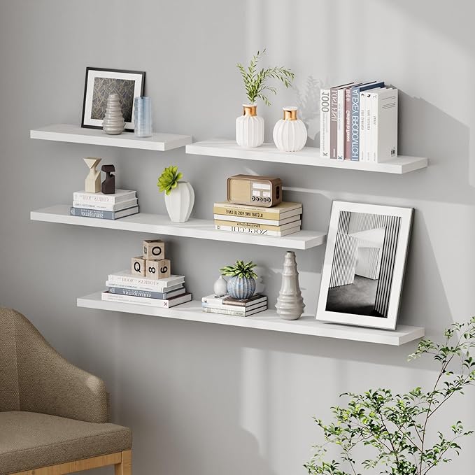 SAUMONIERES Floating Shelves 8 Inch Deep Solid Wood Wide Wall Shelf Set of 1 Wall Mounted for Bedroom Bathroom Living Room Kitchen, 48 Inch White