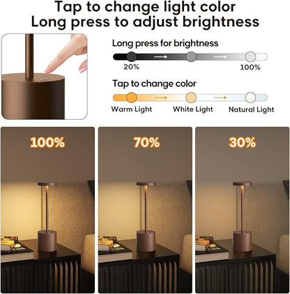 Cordless Table Lamp Rechargeable, 10.25in Portable Battery Operated Powered Desk Lamps 3 Colors Stepless Dimmable Night Lights for Outdoor Dining Restaurant Bar Garden Patio Living Room-Moka