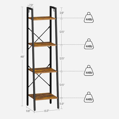 Ladder Shelf, Bookshelf Bookcase, Freestanding Corner Storage Shelve with 2 Hooks for Home Office, Living Room, Kitchen, Bedroom, Industrial, 4-Tier Rustic Brown BC13201B