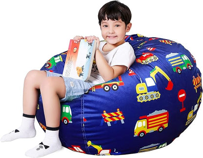 Lukeight Stuffed Animal Storage Bean Bag Chair Cover for Kids, Zipper Beanbag Chair Cover for Organizing Toddler & Kids' Rooms Plush Toys (Excavator Velvet, XX-Large)