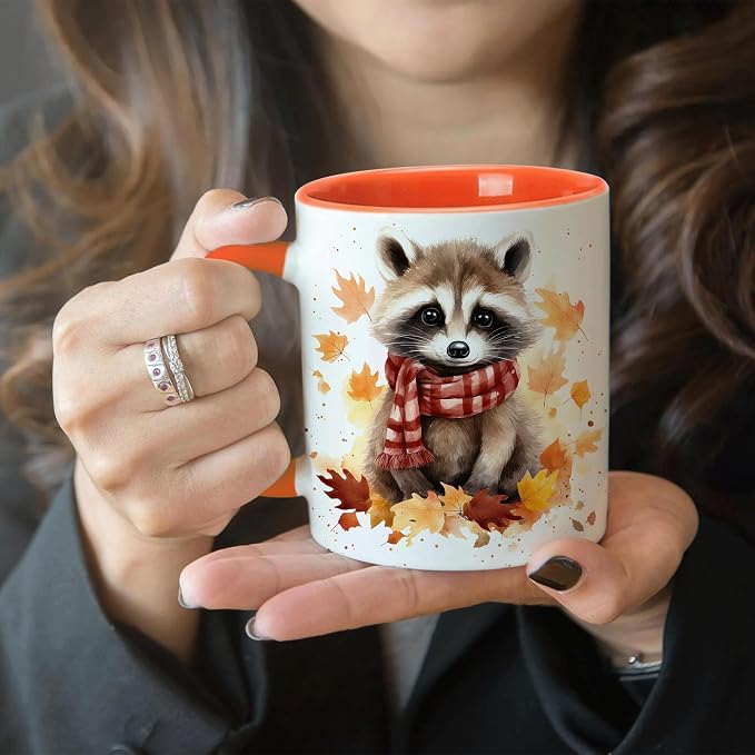 Hyturtle Fall Raccoon Mug, Autumn Birthday Gifts For Raccoon Lovers | Autumn Thanksgiving Decor, Raccoon Gifts For Women, Durable 11oz ceramic mug, Vivid double-sided print, Comfort grip handle