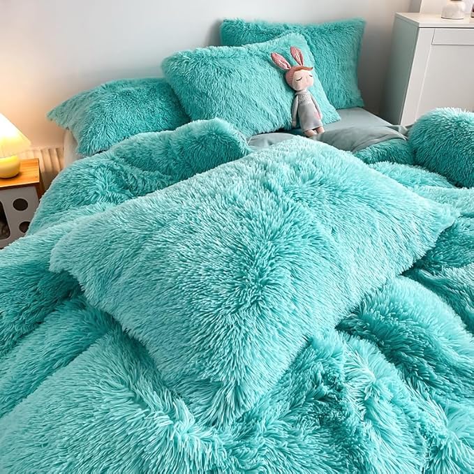 Faux Fur Kids Girls Sky Blue Comforter Sets King - 3PC Bed Set Warm Comfortable Soft Plush Flannel Velvet Fluffy Fuzzy Bedding（Comforter x 1 Pillowcases x 2）