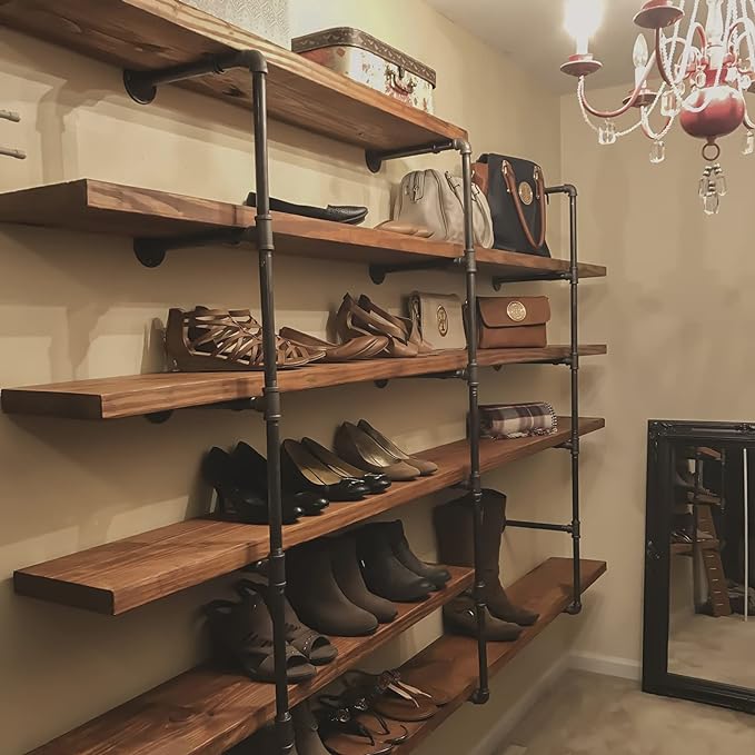 HITOMEN Industrial Iron Pipe Shelves, 2 Set 4-Tier, 42" Tall, 12" Depth, DIY Open Bookshelf Bookcase, Wall Mounted Vintage Retro Shelving, Rustic Farmhouse Pantry Kitchen Storage, Black Shelf Brackets