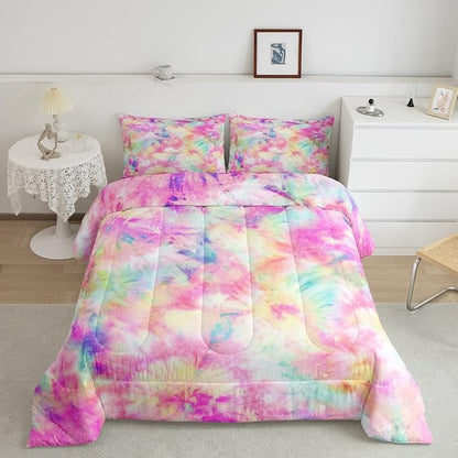 Erosebridal Kids Tie Dye Comforter Set, Bohemian Batik Down Comforter Queen Size, Boho Psychedelic Bedding Comforters for Children Girls Boys Teens Bedroom, Trippy Tattoo Watercolor Quilted Duvet