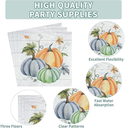 Grencian 200Pcs Fall Plates and Napkins Square Blue Pumpkins Plate Thanksgiving Paper Plates Pumpkin Wood Grain Dinnerware for Baby Shower Fall Harvest Family Thanksgiving Party Decorations, Serves 50