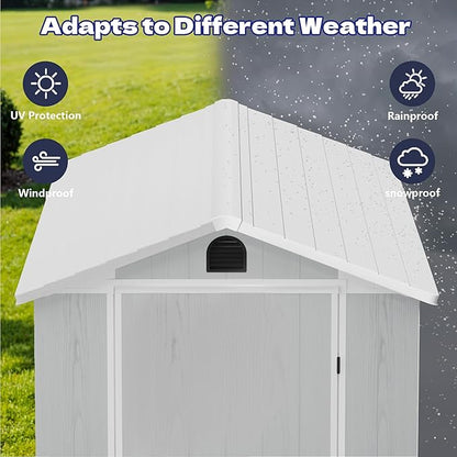 Greesum 4x8FT Plastic Outdoor Storage Shed with Floor, Resin Storaged Sheds with Lockable Door, Window & Vent, All-Weather Tool Sheds for Garden, Backyard, Patio, Light Gray (One-Piece Panel)