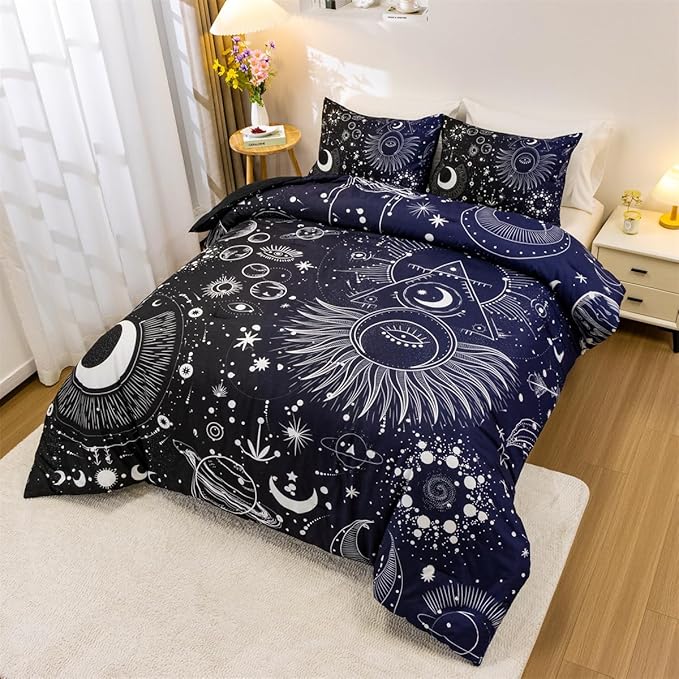 Holawakaka Stars Moon Constellation Print Comforter Set Queen Size Girls Boys Witchy Astrology Zodiac Celestial Bedding Set (Navy Blue, Queen)