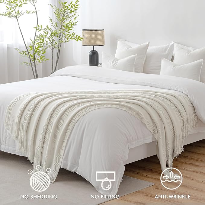 MIULEE Off White Knitted Throw Blanket for Couch Textured Knit Blanket with Tassels Cozy Woven Boho Bed Blanket for Sofa Bed Chair Acrylic Wave Pattern 50"x60"