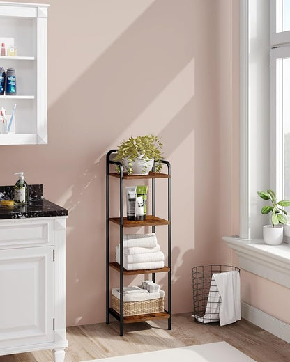 Bookcase Bookshelf, Narrow Book Shelf, Industrial Coner Shelf Storage Organizer, Slim Shelving Unit for Home Office, Living Room, Bedroom, Kitchen, 4-Tier Rustic Brown BC24401B