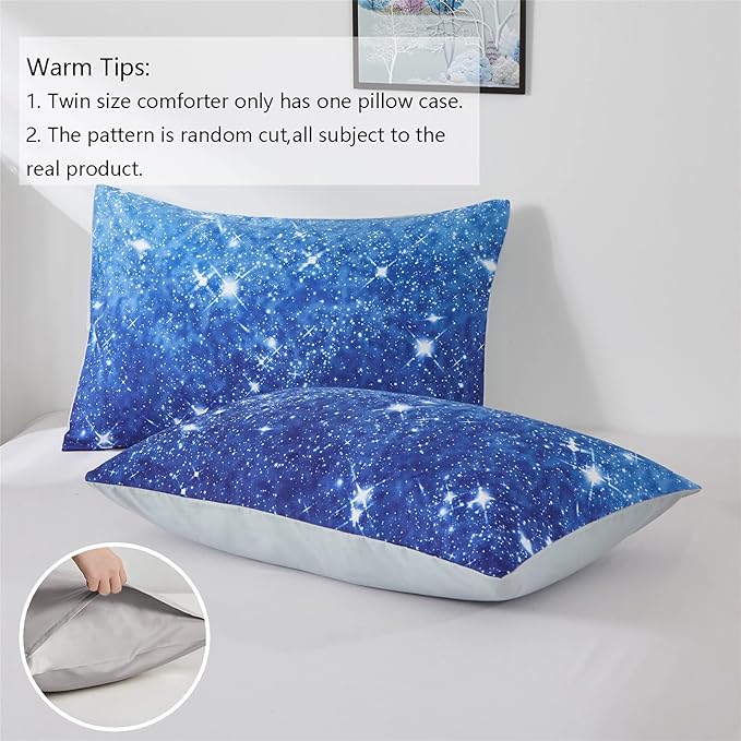 Blue Glitter Comforter Set Full/Queen Size for Boys Girls, Sparkle Galaxy Twinkle Starlight Kids Teen, 3 Piece Aqua Navy Ombre Bedding with 2 Pillow Cases(Blue,Queen), Queen(3-Piece)