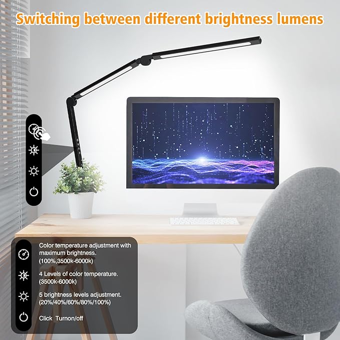 LED Desk Lamp with Clip, Multi-Angle Flexible 3-Segment 2-Light Source Office Desk Lamp, Clip-on Eye-Care 4 Color Temperature Modes&5 Brightness, Table Lamp for Home Office Studio Study Nail