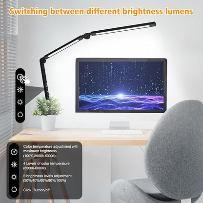 LED Desk Lamp with Clip, Multi-Angle Flexible 3-Segment 2-Light Source Office Desk Lamp, Clip-on Eye-Care 4 Color Temperature Modes&5 Brightness, Table Lamp for Home Office Studio Study Nail