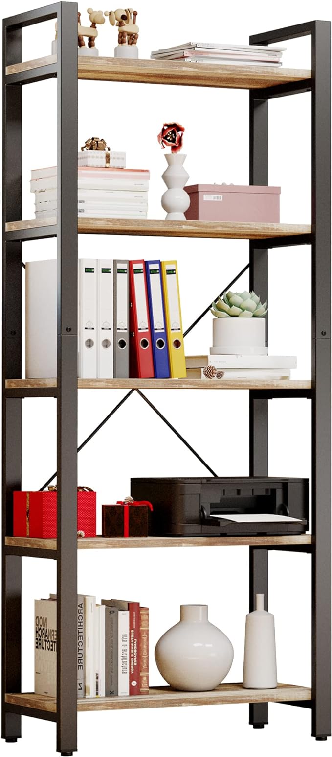 IRONCK Bookshelf 5-Tier Ladder Shelf 110lbs/shelf Vintage Industrial Style Bookcase for Home Decor, Office Decor
