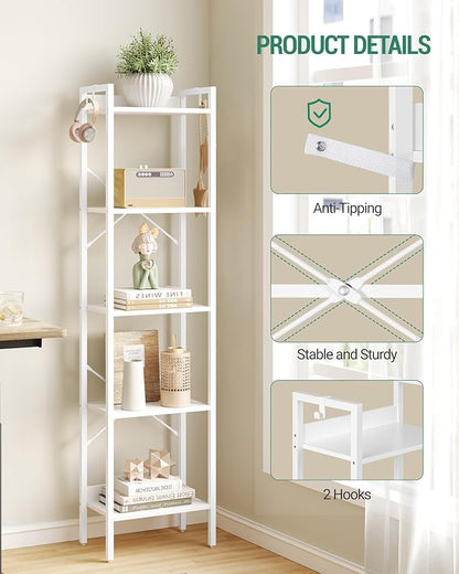 Bookshelf, Book Shelf, Industrial Bookcase with 2 Hooks, Coner Shelf Storage Organizer for Home Office, Living Room, Bedroom, Kitchen, 5-Tier White BC10513W