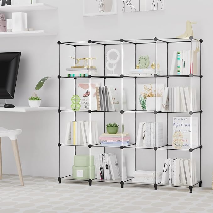 HOMIDEC Book Shelf 16 Cubes Bookcase Bookshelf Cube Storage Organizer Portable Display Bookshelf Kids Bookshelf Book Case for Study Room,Bedroom,Office,Living Room,Closet Transparent
