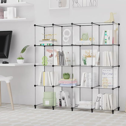 HOMIDEC Book Shelf 16 Cubes Bookcase Bookshelf Cube Storage Organizer Portable Display Bookshelf Kids Bookshelf Book Case for Study Room,Bedroom,Office,Living Room,Closet Transparent
