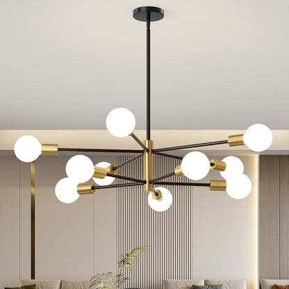 Sputnik Chandeliers Moderna Light Fixture, 10 Lights Black and Gold Mid Century Ceiling Chandelier, Height Adjustable for Living Room, Kitchen, Dining Room, Bedroom,Foyer