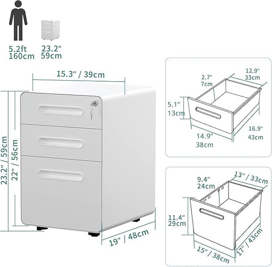 YITAHOME 3-Drawer Metal Mobile File Cabinet, Rolling Filing Cabinet with Lock, Filing Cabinet Under Desk fits Legal/A4 Size for Home/Office, Fully Assembled,White