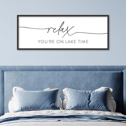 SRSZHIYUE Relax You're On Lake Time Wall Decor Above Bed Sign 32"×12" for Lake House Bedroom Over Bed Large Wood Framed Hanging Art (Black)