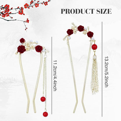 Lawie 10 Pack Cute Flower Butterfly U Shaped Gold Metal Hair Fork Pins Curved Chopsticks for Hair Sticks with Dangles French Hair Pins Bun Holder Decorative Hair Accessories for Women Girls (Red)