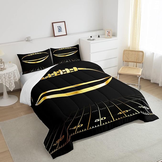 Feelyou Football Bedding Set Queen Kids Rugby Sports Comforter Set American Football Comforter Set for Boys Golden Black Room Decor Lightweight Quilt Set with 2 Pillow Case