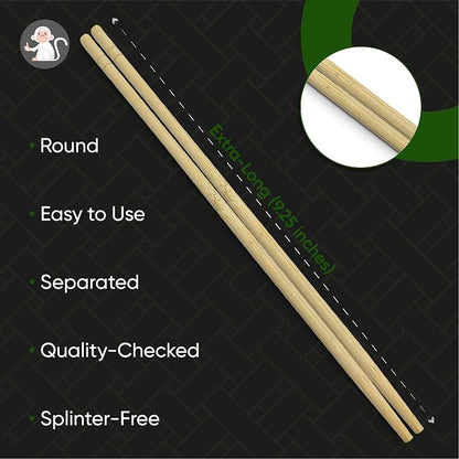 Albino Monkey [ 9.25" Long ] 200 Round Disposable Bamboo Chopsticks Bulk - Splinter-Free, Individually Wrapped, Hand-Packed Chop Sticks for Sushi, Noodles, Restaurants & Catering (100 Pairs)