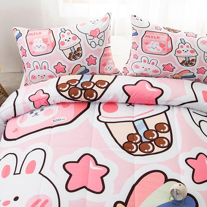 CVHOUSE Kawaii Bedding Twin Size,Kawaii Rabbit Bedding Set for Girls Kids,Cute Rabbit Comforter Set Kawaii Rabbit Duvet Set Rabbit Pattren Quilt Set Girls Room Decor 3 Pieces