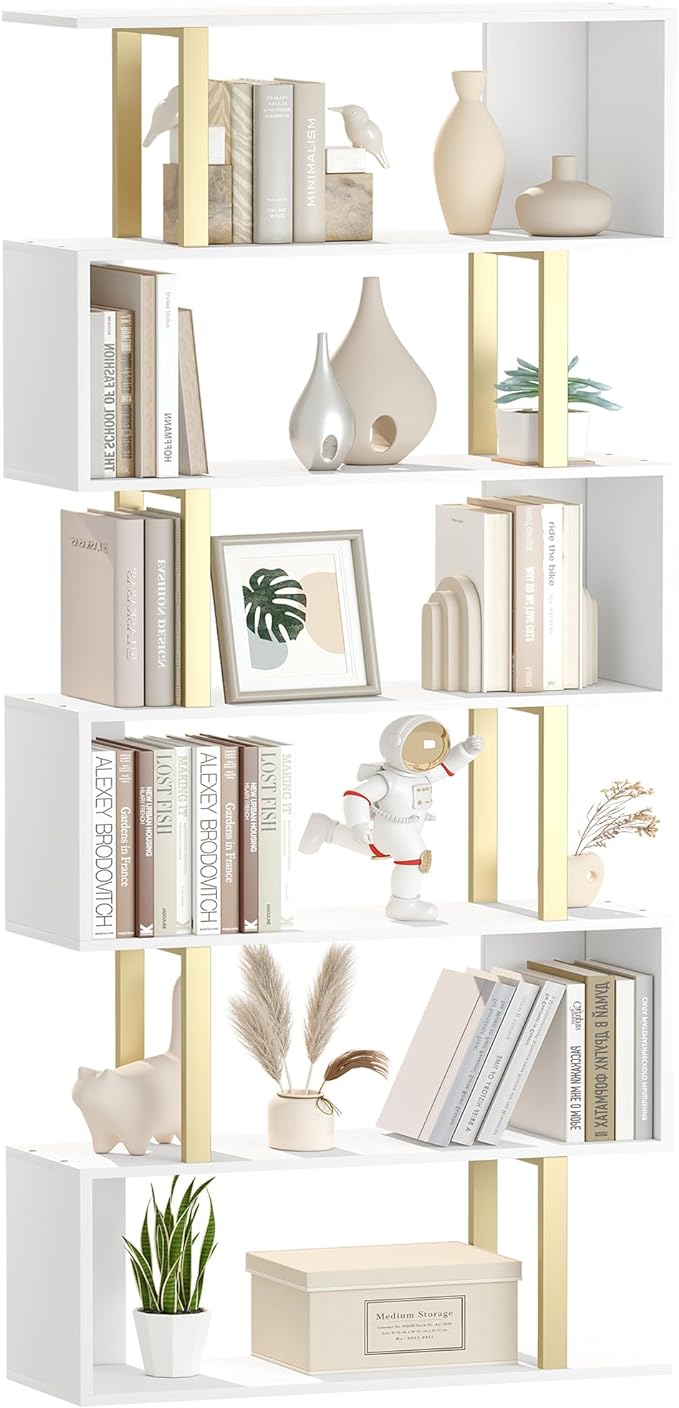 Yusong Geometric Bookcase, S Shaped Bookshelf 6-Tier Book Shelves for Bedroom, Modern Wood Decorative Display Shelf Tall Book Case for Home Office, Gold and White