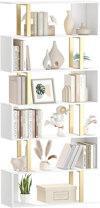 Yusong Geometric Bookcase, S Shaped Bookshelf 6-Tier Book Shelves for Bedroom, Modern Wood Decorative Display Shelf Tall Book Case for Home Office, Gold and White